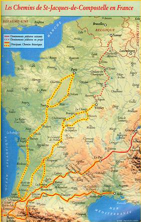 Carte des 3 topoguides Sentiers de Saint-Jacques de Compostelle de la FFRP (éd. 2001).